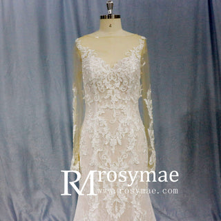 Modest Lace Bridal Gowns Long Sleeve Champagne Wedding Dress - Rosymae