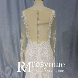 Modest Lace Bridal Gowns Long Sleeve Champagne Wedding Dress - Rosymae