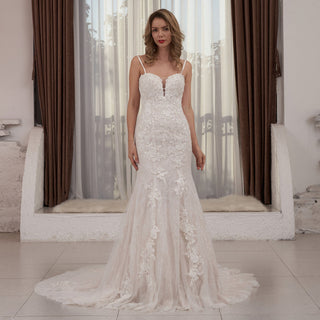 Modest Spaghetti Strap Mermaid Lace Bridal Wedding Dress - Rosymae