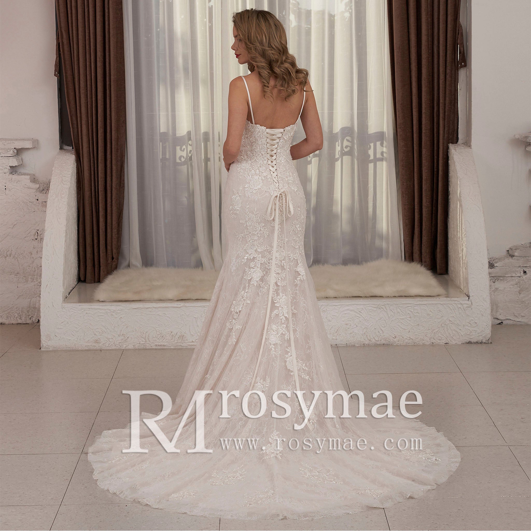 Modest Spaghetti Strap Mermaid Lace Bridal Wedding Dress - Rosymae