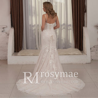 Modest Spaghetti Strap Mermaid Lace Bridal Wedding Dress - Rosymae