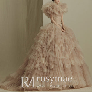 Luxury Multi Layer Tulle Wedding Dress with Detachable Wrap