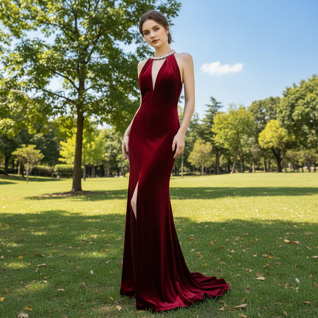Halter Crimson Deep V-Neck Formal Dress Party Gown with Slit