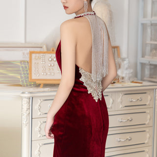 Halter Crimson Deep V-Neck Formal Dress Party Gown with Slit