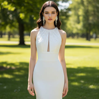 O-neck Satin Fit Flare Bridal Gown Wedding Dress with Keyhole - Rosymae