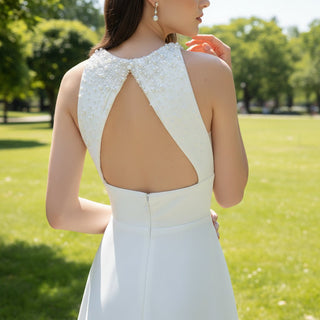 O-neck Satin Fit Flare Bridal Gown Wedding Dress with Keyhole - Rosymae