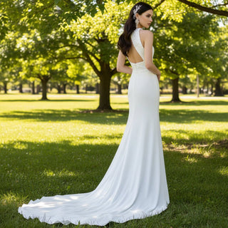 O-neck Satin Fit Flare Bridal Gown Wedding Dress with Keyhole - Rosymae