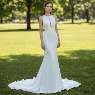 O-neck Satin Fit Flare Bridal Gown Wedding Dress with Keyhole - Rosymae
