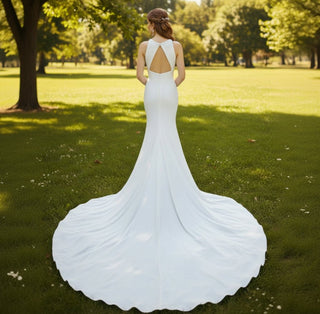 O-neck Satin Fit Flare Bridal Gown Wedding Dress with Keyhole - Rosymae