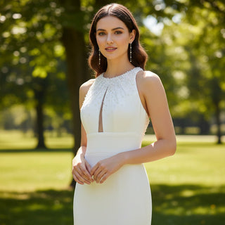 O-neck Satin Fit Flare Bridal Gown Wedding Dress with Keyhole - Rosymae