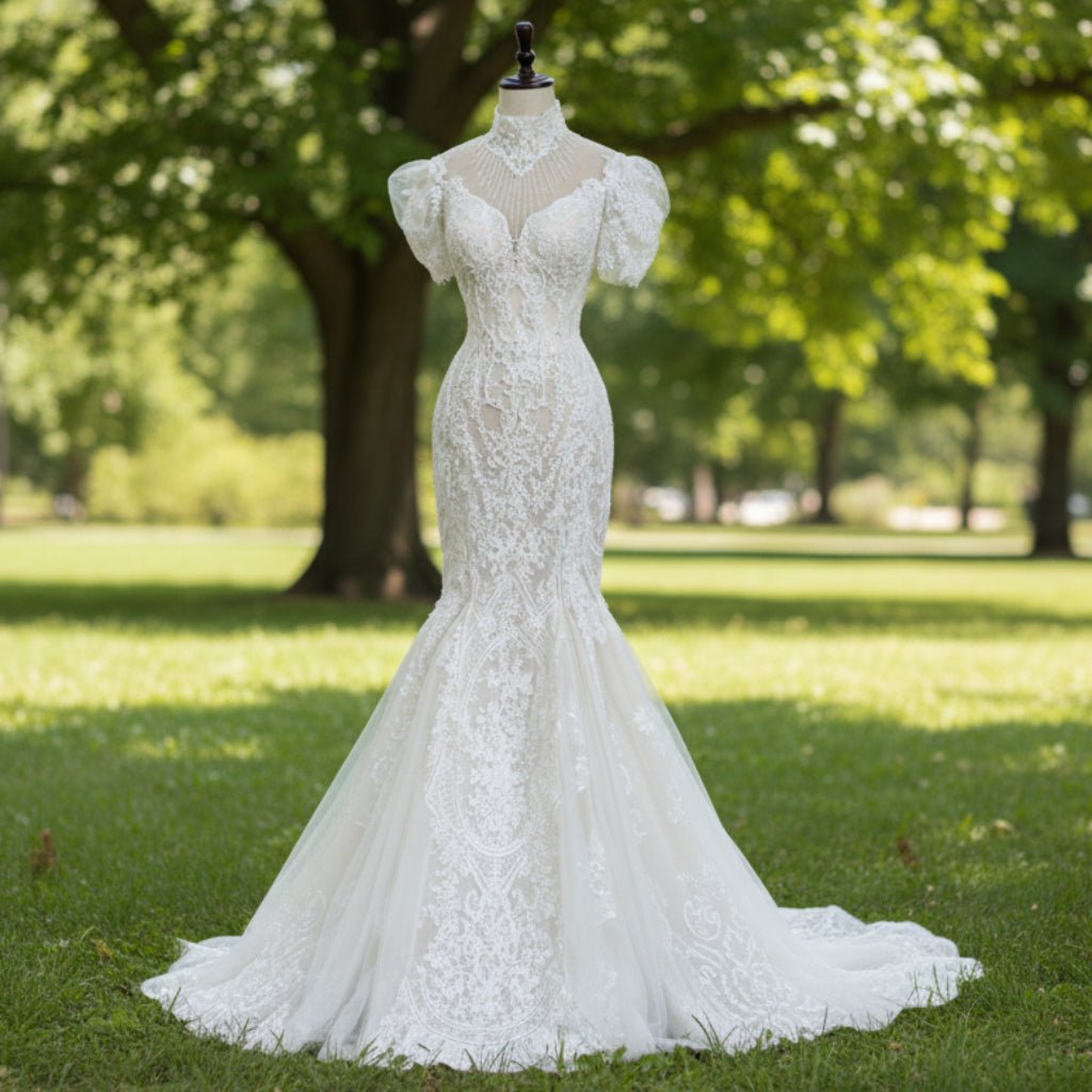 O-Neck Trumpet Lace Keyhole Wedding Dress with Short Puffy Sleeve - Rosymae