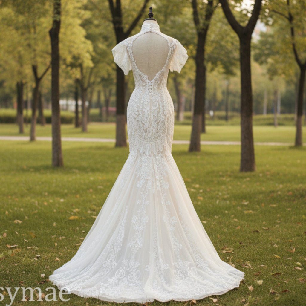 O-Neck Trumpet Lace Keyhole Wedding Dress with Short Puffy Sleeve - Rosymae