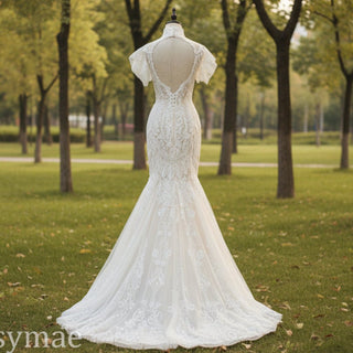 O-Neck Trumpet Lace Keyhole Wedding Dress with Short Puffy Sleeve - Rosymae