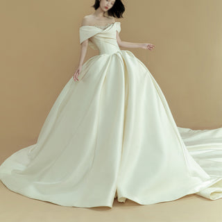 Asymmetric Off the Shoulder Ruched Ball Gown Wedding Dress Ivory