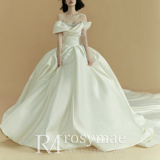 Asymmetric Off the Shoulder Ruched Ball Gown Wedding Dress Ivory