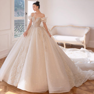 Luxury Glitter Long Train Wedding Dresses with Off the Shoulder