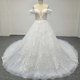 Off Shoulder Ballgown Sheer Bodice Wedding Dress with Long Train - Rosymae