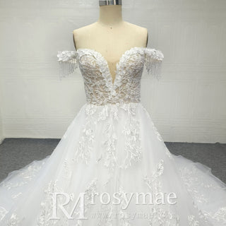 Off Shoulder Ballgown Sheer Bodice Wedding Dress with Long Train - Rosymae