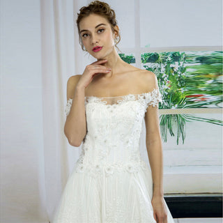 Straight Neck Sparkly Lace A-line Wedding Dress with Off Shoulder