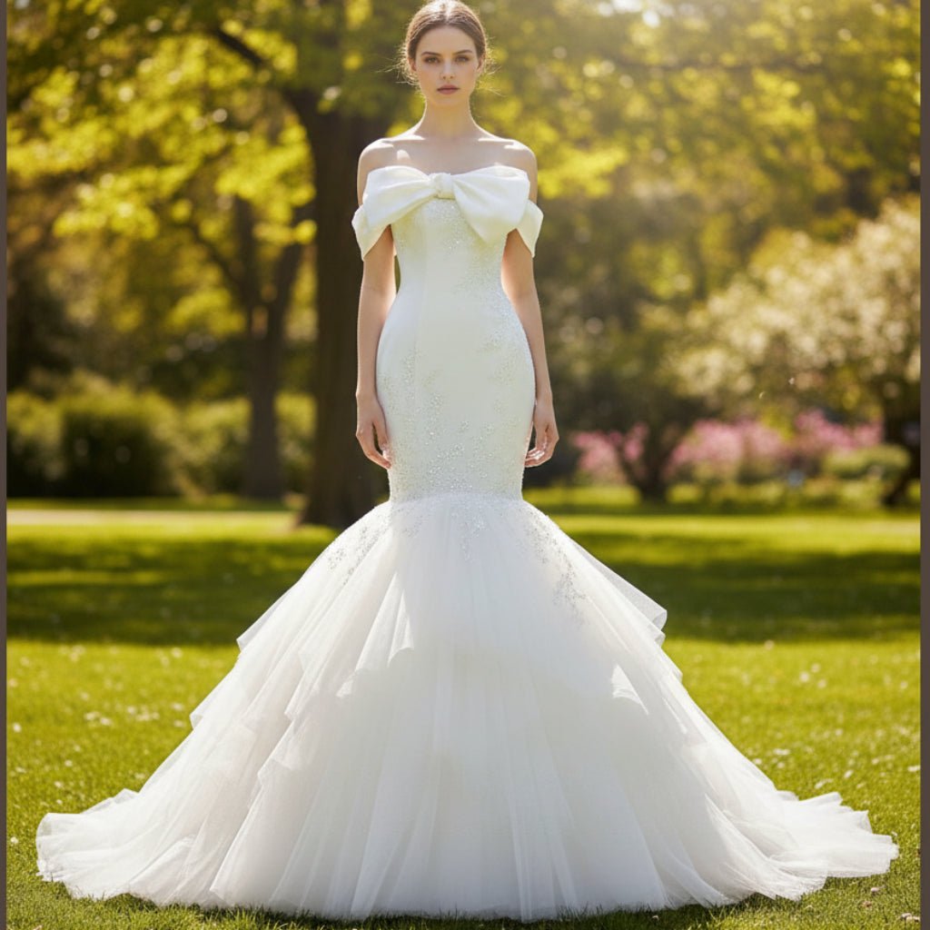 Off Shoulder Bowknot Trumpet Bridal Gowns Wedding Dresses - Rosymae