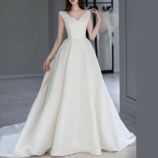 Simple Off the Shoulder V-neck Satin Wedding Dress