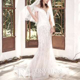 Sheer Off the Shoulder Mermaid Wedding Dress with Sparkly Crystals