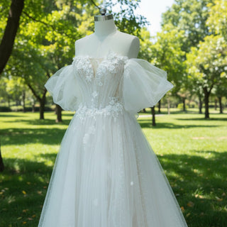 Off Shoulder Dot Tulle A-line Country Wedding Dress with Leg Slit - Rosymae