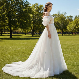 Off Shoulder Dot Tulle A-line Country Wedding Dress with Leg Slit - Rosymae