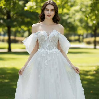 Off Shoulder Dot Tulle A-line Country Wedding Dress with Leg Slit - Rosymae