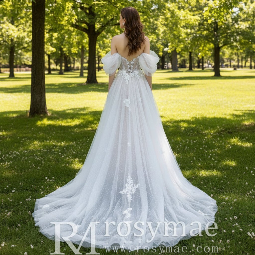 Off Shoulder Dot Tulle A-line Country Wedding Dress with Leg Slit - Rosymae