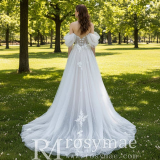 Off Shoulder Dot Tulle A-line Country Wedding Dress with Leg Slit - Rosymae