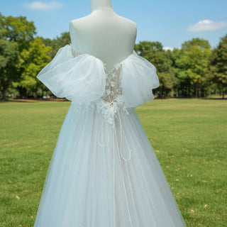 Off Shoulder Dot Tulle A-line Country Wedding Dress with Leg Slit - Rosymae