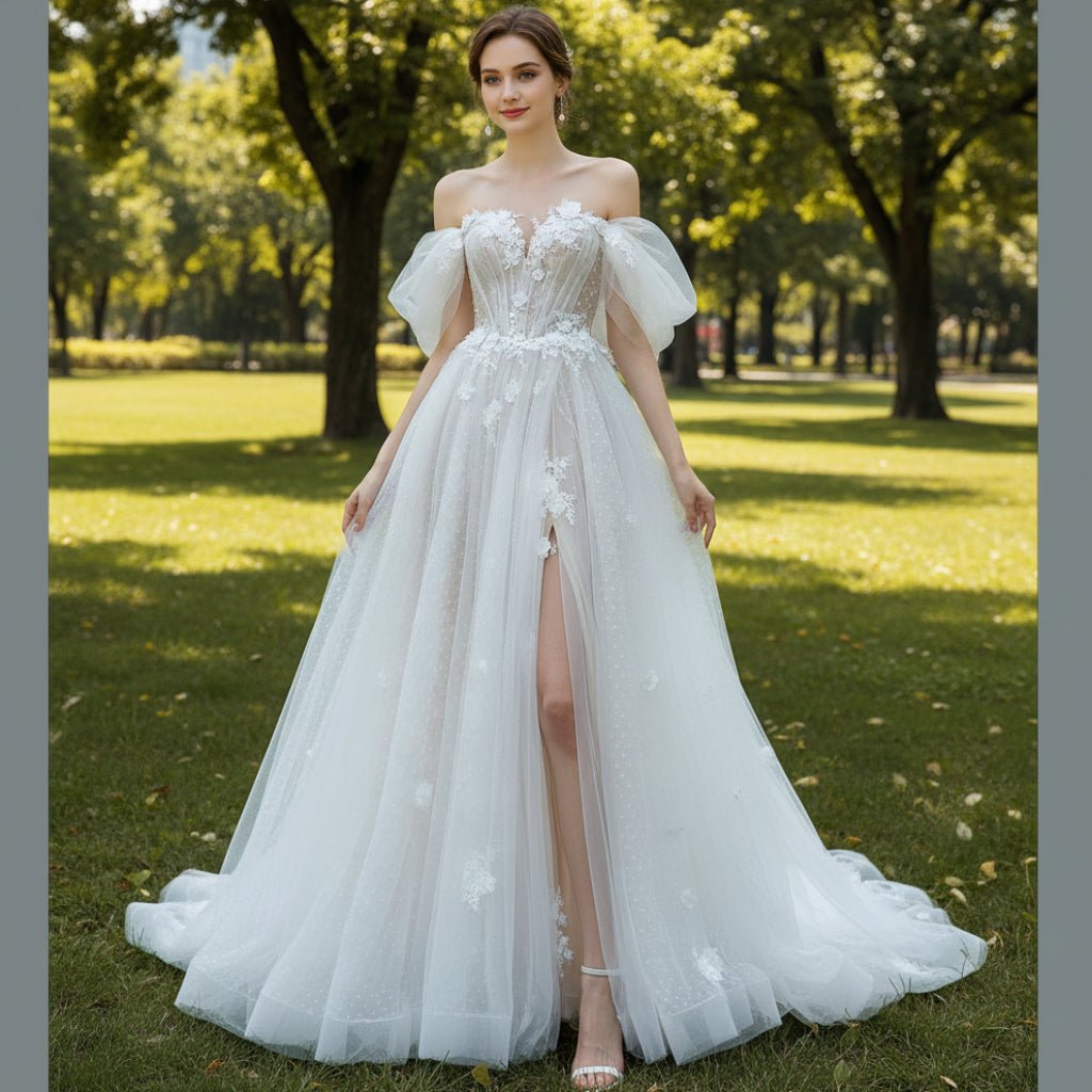 Off Shoulder Dot Tulle A-line Country Wedding Dress with Leg Slit - Rosymae