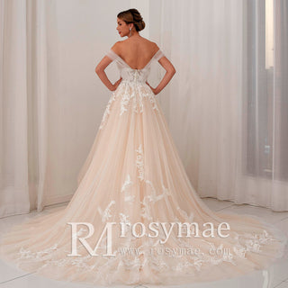 Off Shoulder Floral Lace Ball Gown Bridal Wedding Dress Cathedral Train - Rosymae