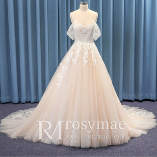 Off Shoulder Floral Lace Ball Gown Bridal Wedding Dress Cathedral Train - Rosymae