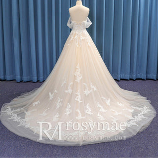 Off Shoulder Floral Lace Ball Gown Bridal Wedding Dress Cathedral Train - Rosymae