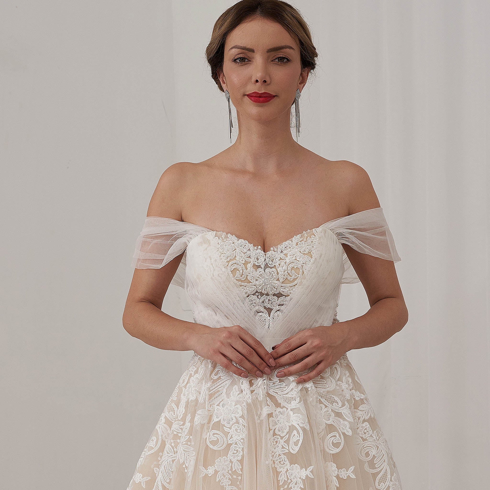 Off Shoulder Floral Lace Ball Gown Bridal Wedding Dress Cathedral Train - Rosymae