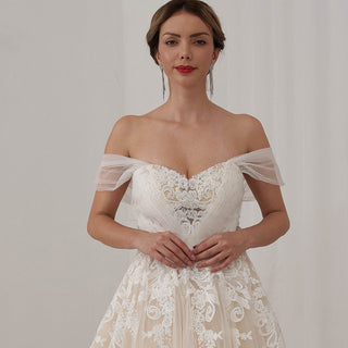 Off Shoulder Floral Lace Ball Gown Bridal Wedding Dress Cathedral Train - Rosymae