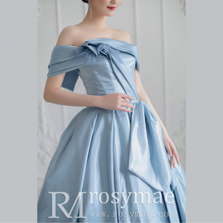 Light Steel Blue A Line Formal Dress Evening Gown with Off Shoulder