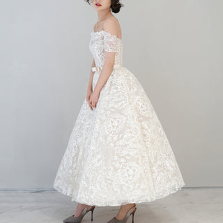 Off the Shoulder Tea Length Sheer Bodice Lace Wedding Dress