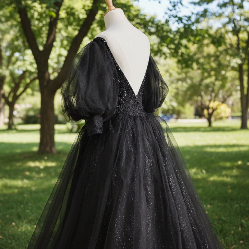 Little Black Bridal Gown Wedding Dress with Half and Puffy Sleeve Black / 20W Little Black Bridal Gown Wedding Dress with Half and Puffy Sleeve Black / 20W