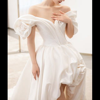 Elegant Off-shoulder High Low Wedding Dress with V Neckline