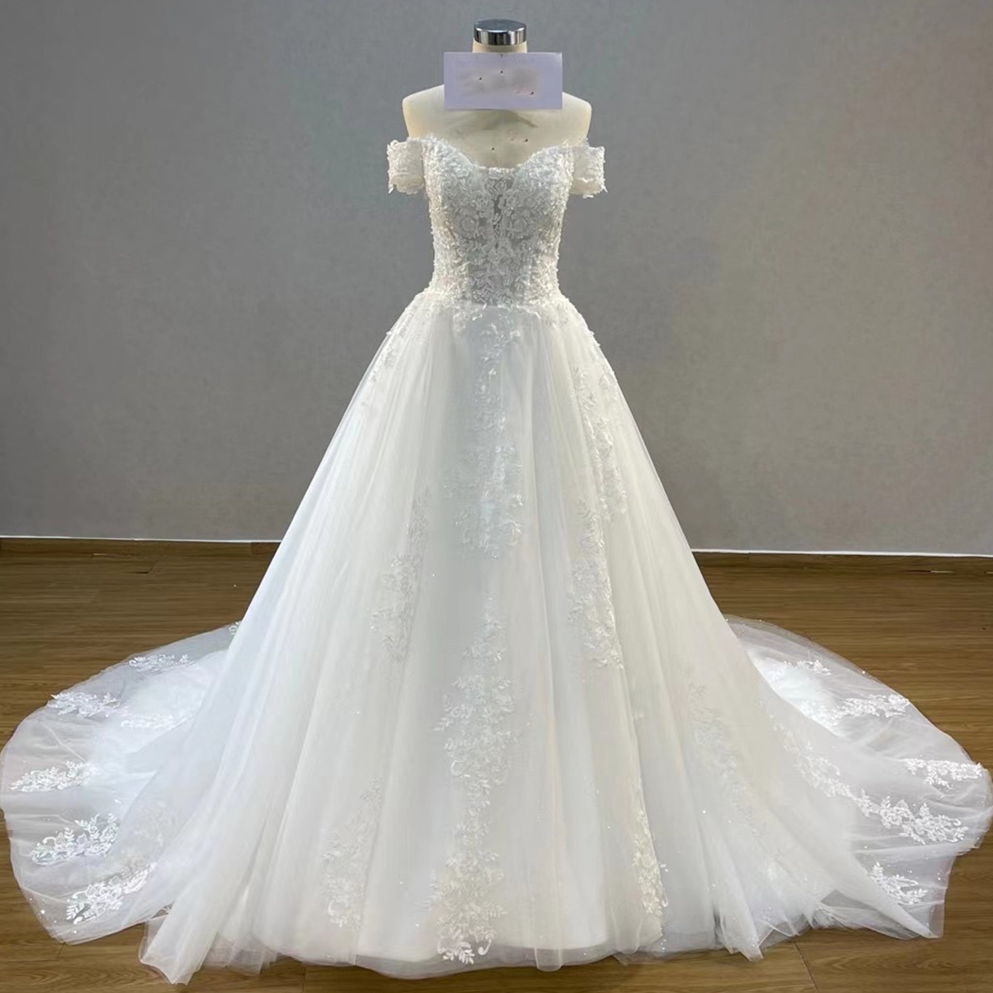 Off Shoulder Lace Tulle A-line Bridal Gown Wedding Dress Long Train - Rosymae