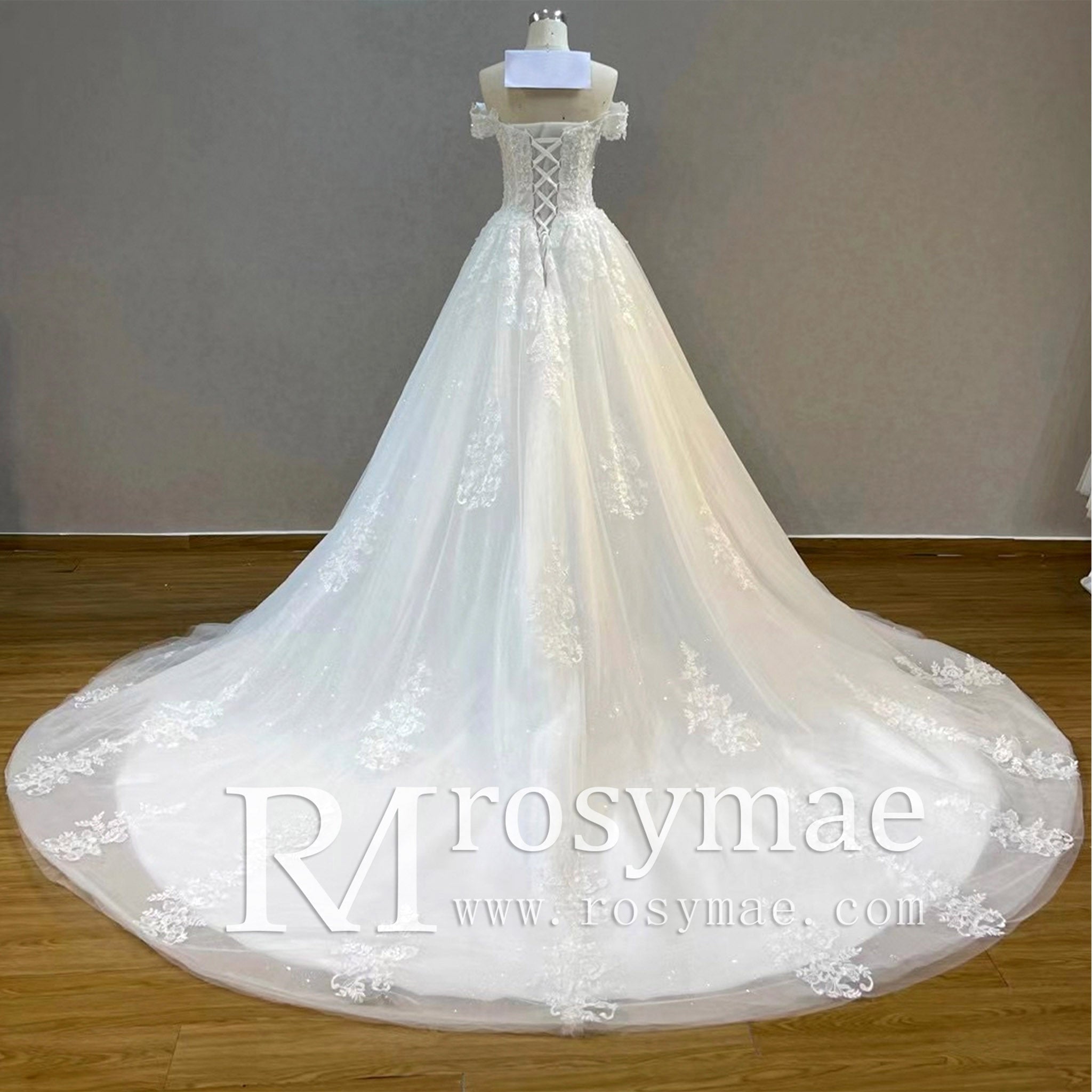 Off Shoulder Lace Tulle A-line Bridal Gown Wedding Dress Long Train - Rosymae