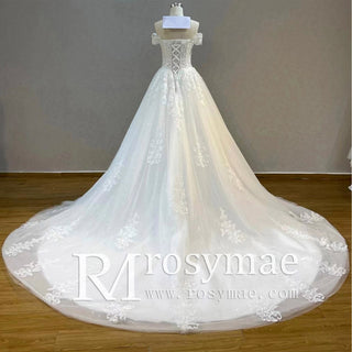 Off Shoulder Lace Tulle A-line Bridal Gown Wedding Dress Long Train - Rosymae