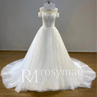 Off Shoulder Lace Tulle A-line Bridal Gown Wedding Dress Long Train - Rosymae
