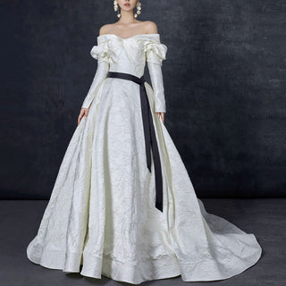 Embroidery A-line Wedding Dress with Off the Shoulder Long Sleeve