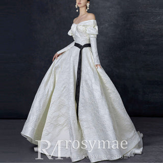Embroidery A-line Wedding Dress with Off the Shoulder Long Sleeve