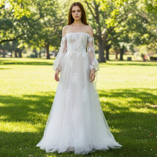 Off Shoulder Long Sleeve Boho Wedding Dress Bridal Gown - Rosymae