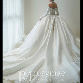 Off Shoulder Long Sleeve Embroidery Satin Wedding Dress - Rosymae